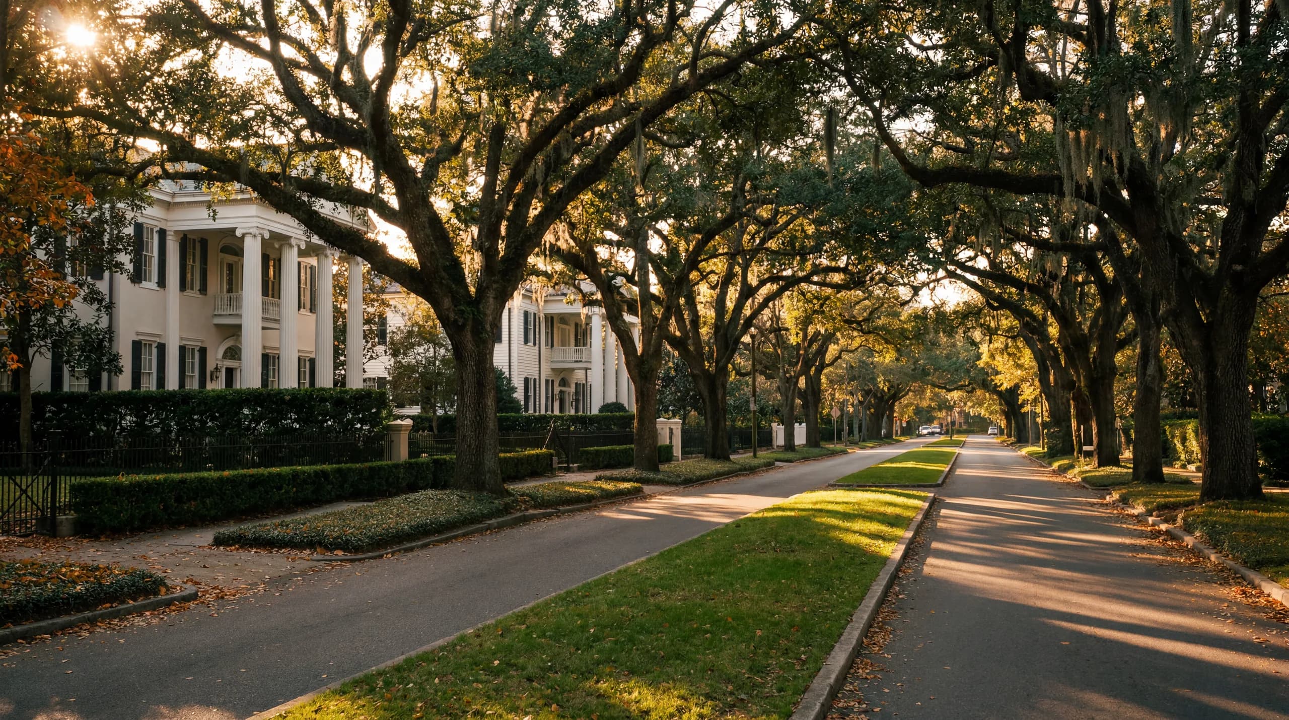 An oak-canopied avenue with a grass median, late afternoon light through the branches