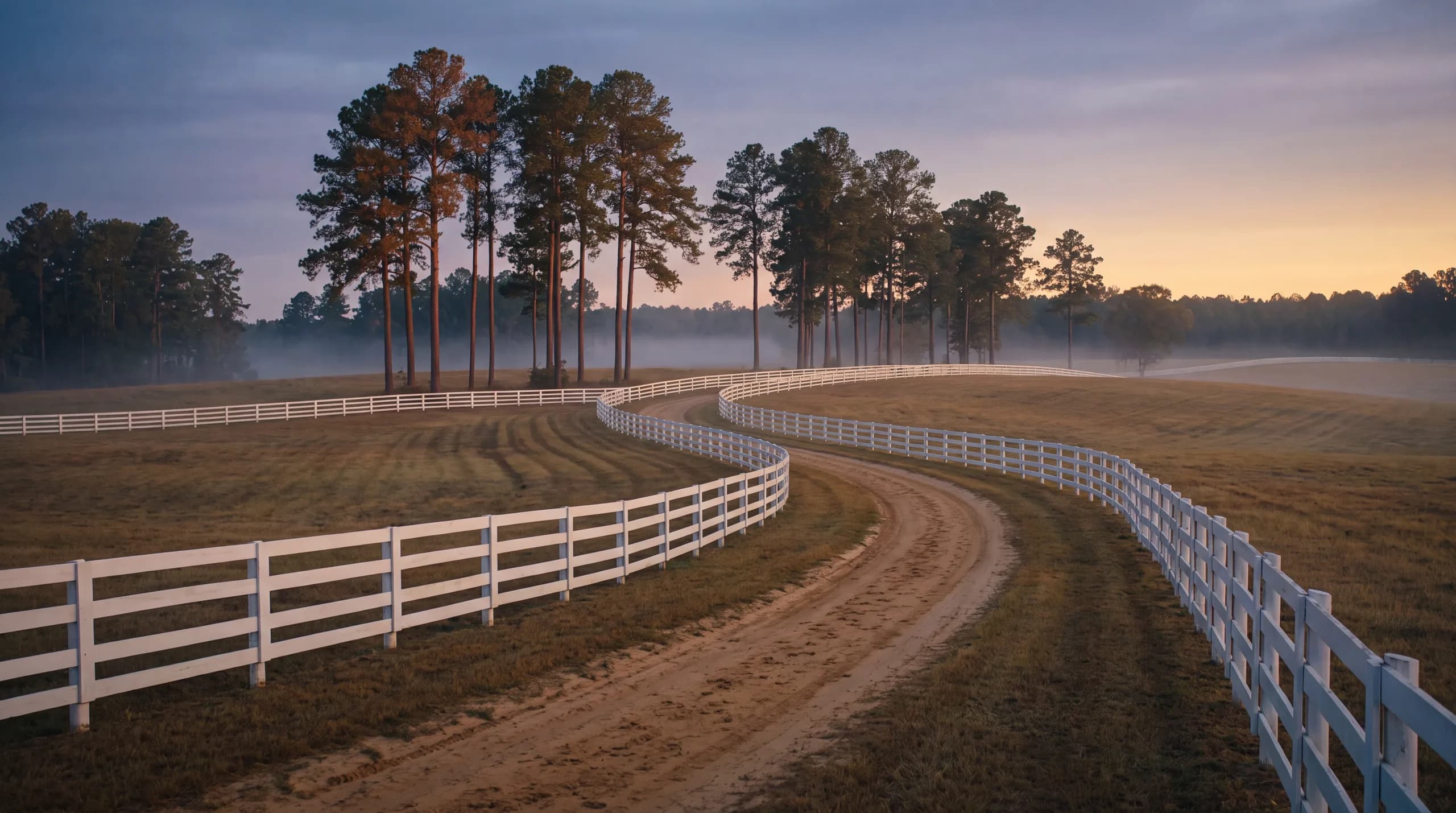 White board fencing and a sand lane running through Sandhills horse country at dawn