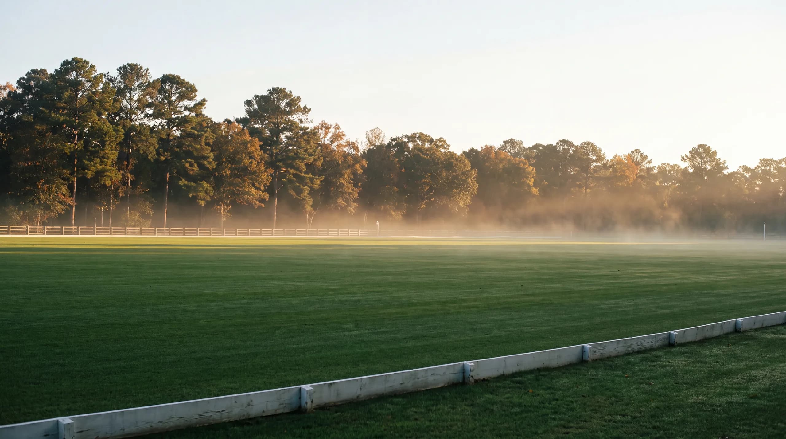 An empty polo field at first light, mist lifting off the grass